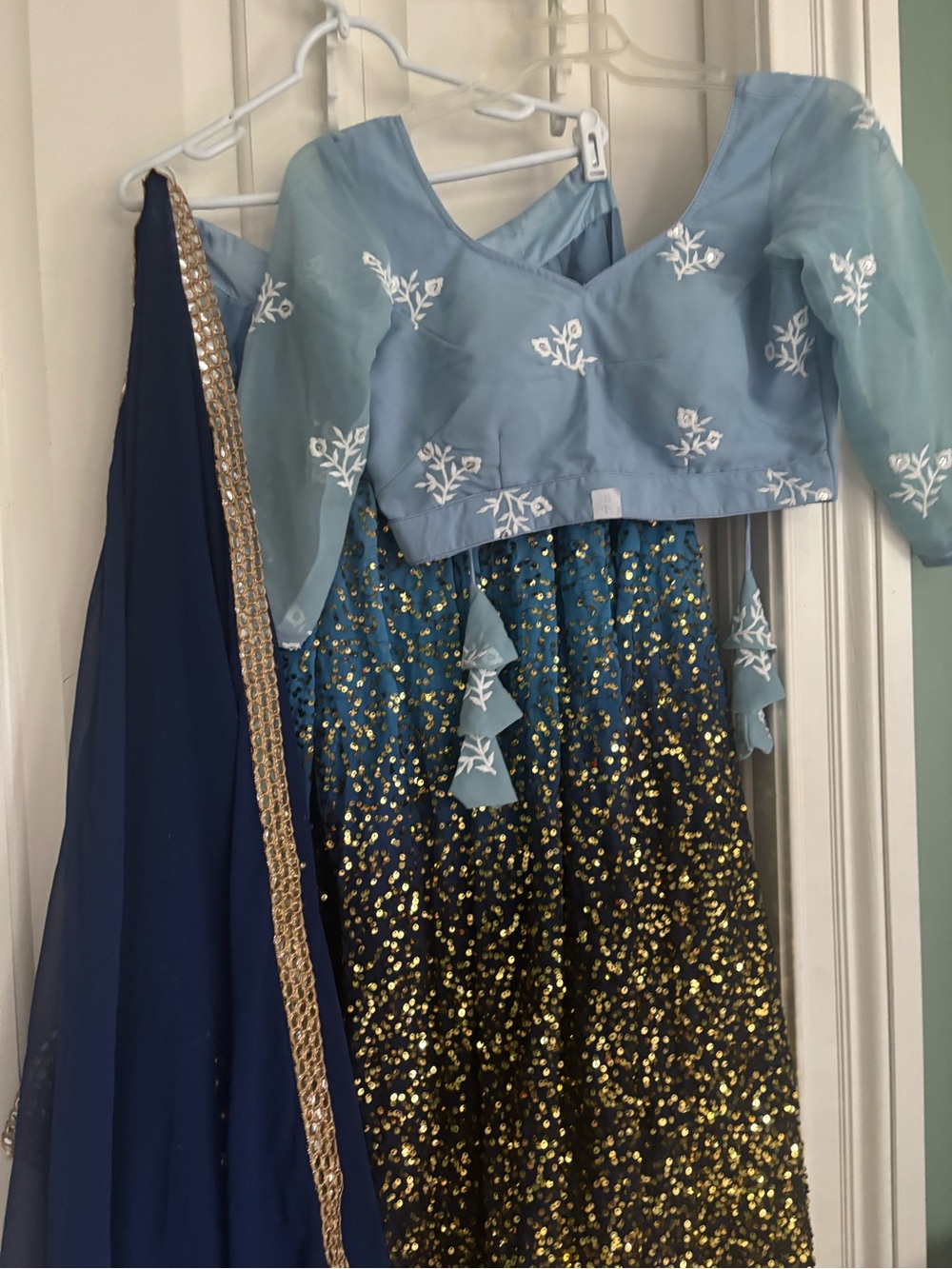 Wedding guest Blue Embellished Lehenga Set with Gold Sequin Skirt Large size.